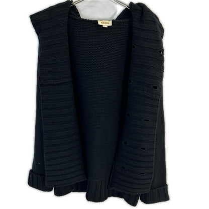 Black Wool Double-breasted Hooded Knit Jacket Men's