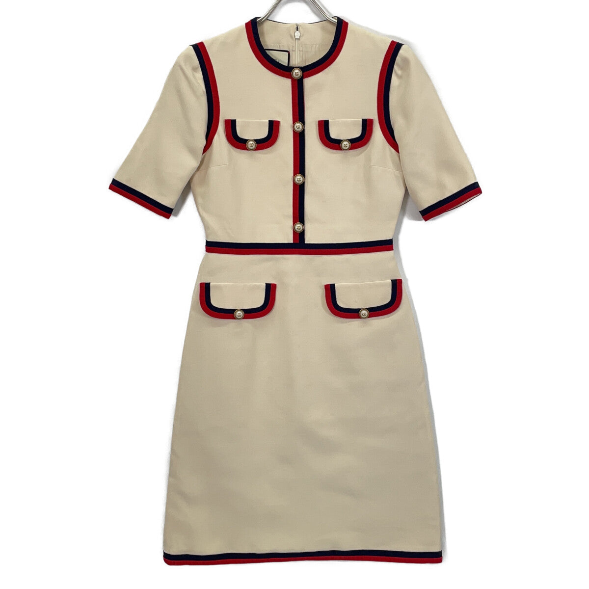 GUCCI 475850 2018 White Interlocking G Pearl Button Web Trim Dress