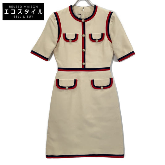 GUCCI 475850 2018 White Interlocking G Pearl Button Web Trim Dress