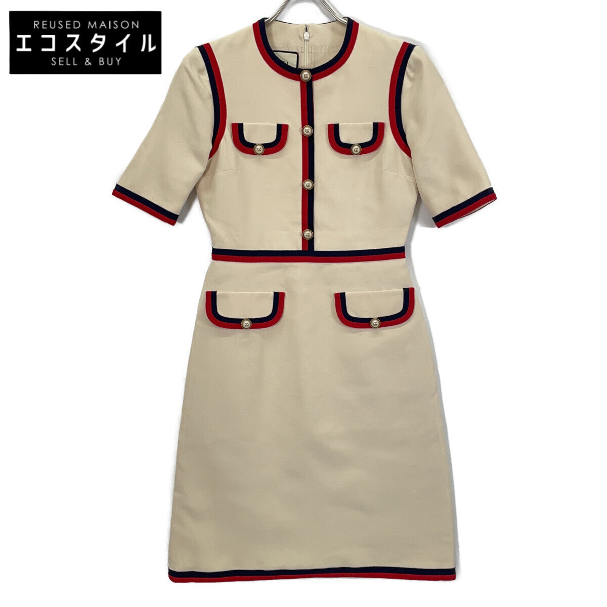GUCCI 475850 2018 White Interlocking G Pearl Button Web Trim Dress