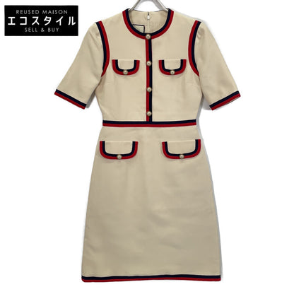 GUCCI 475850 2018 White Interlocking G Pearl Button Web Trim Dress