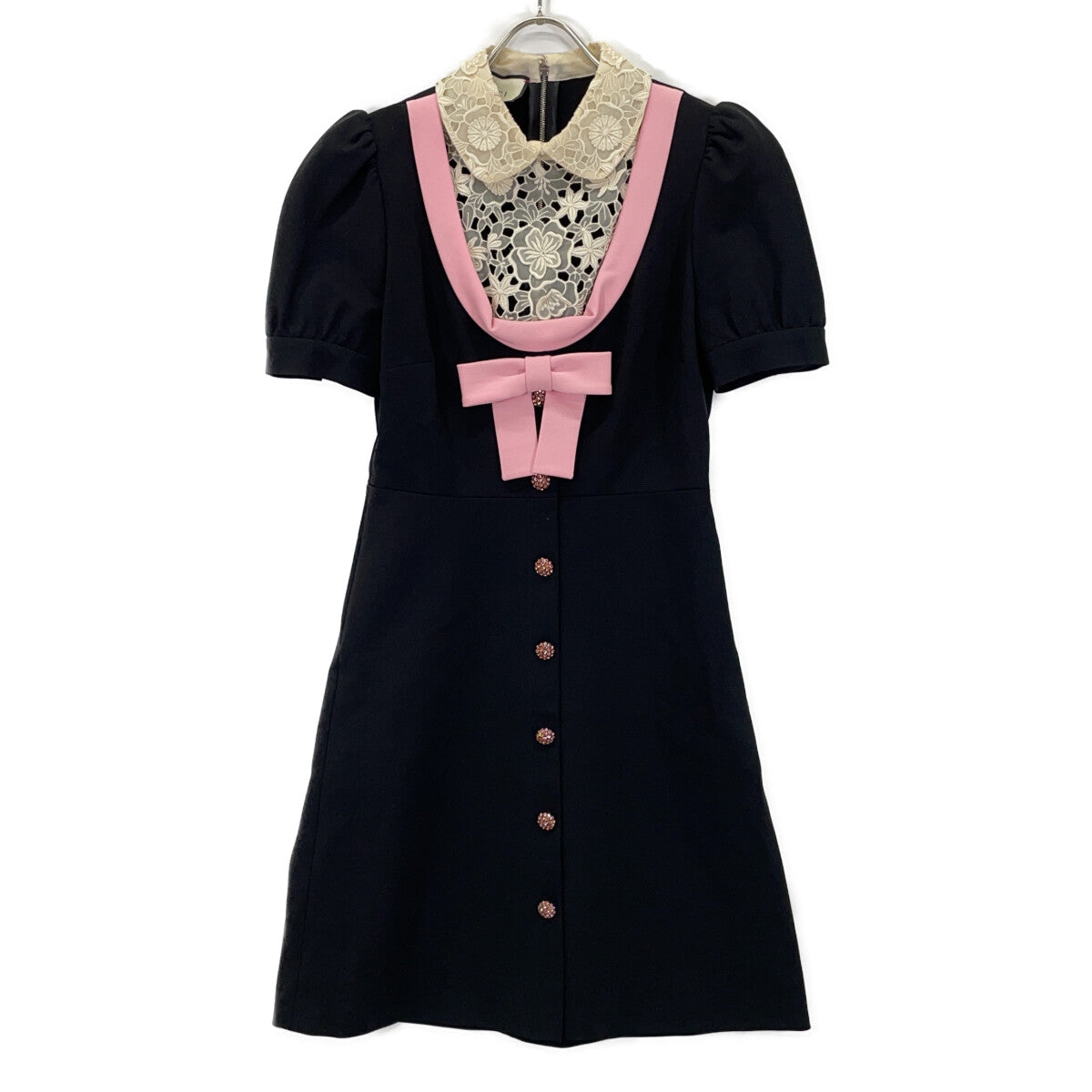 GUCCI 467502 Black x Pink Embroidered Lace Collar Ribbon Design Short Sleeve Dress