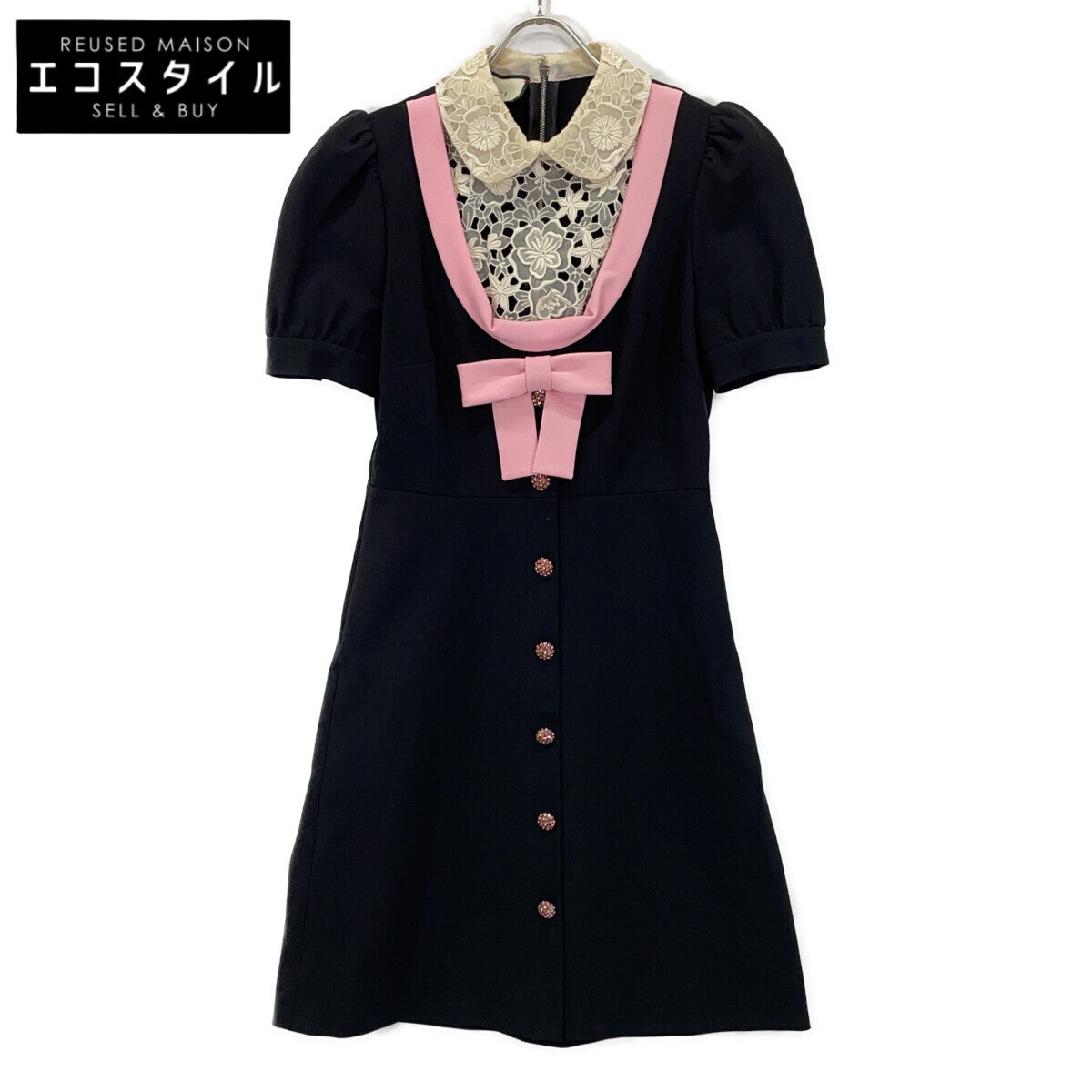 GUCCI 467502 Black x Pink Embroidered Lace Collar Ribbon Design Short Sleeve Dress