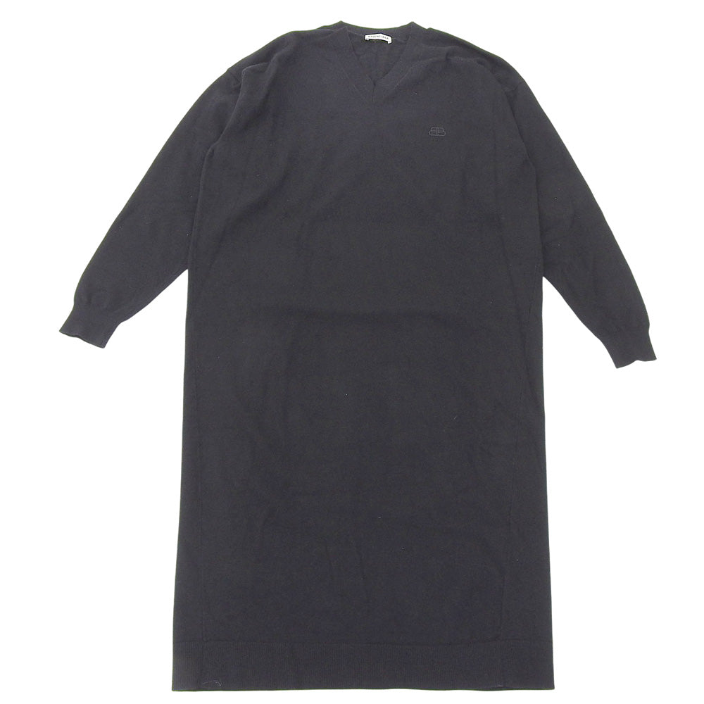 BALENCIAGA 巴黎世家 羊毛 BB标志刺绣 V领针织连衣裙 女士 黑色 S 599890 19年 连衣裙