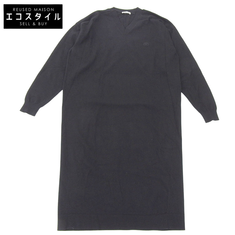 BALENCIAGA 巴黎世家 羊毛 BB标志刺绣 V领针织连衣裙 女士 黑色 S 599890 19年 连衣裙