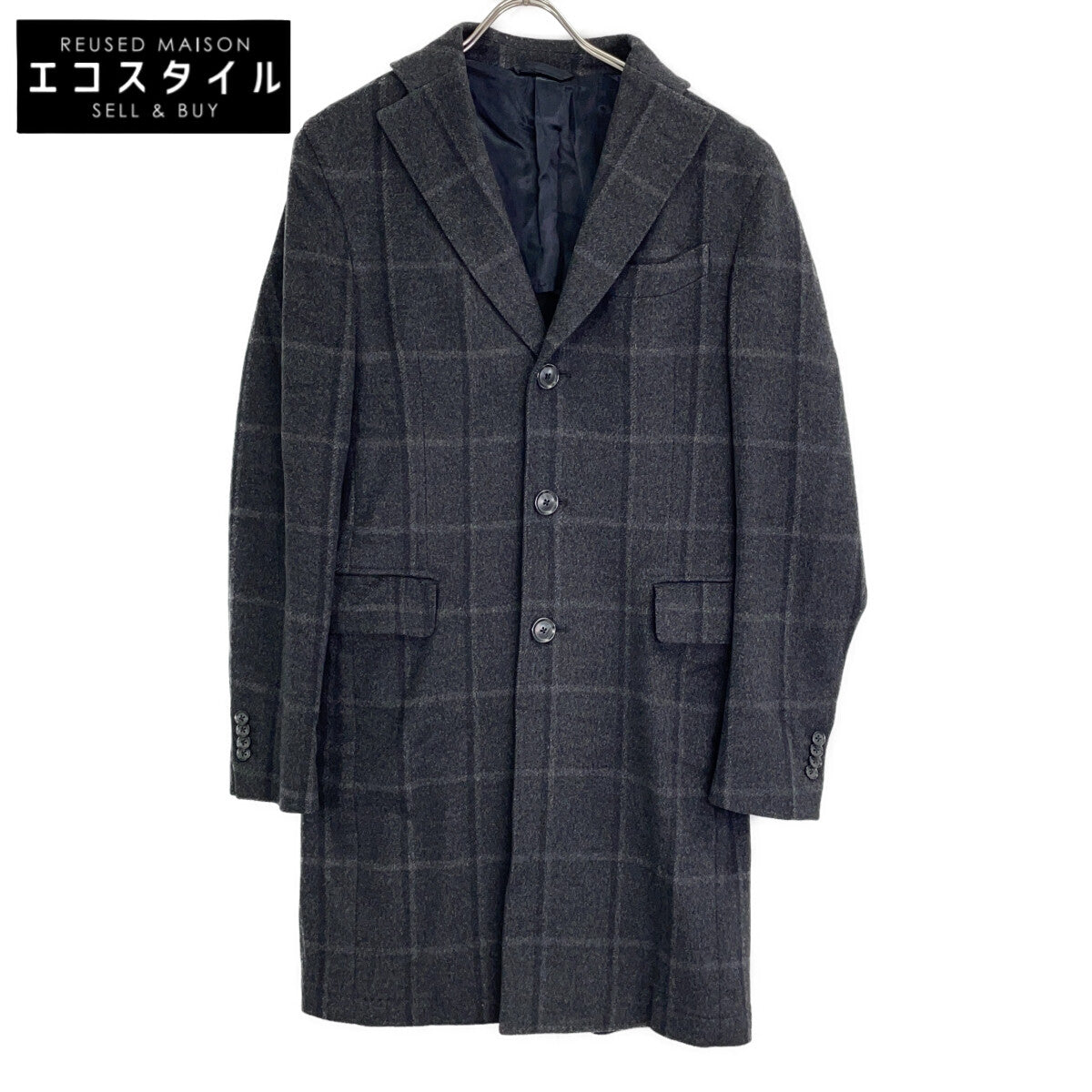 7050 ﾀﾞｰｸｸﾞﾚｰ ﾁｪｯｸ ｳｰﾙ×ｶｼﾐﾔ ﾁｪｽﾀｰｺｰﾄ コート 46 メンズ