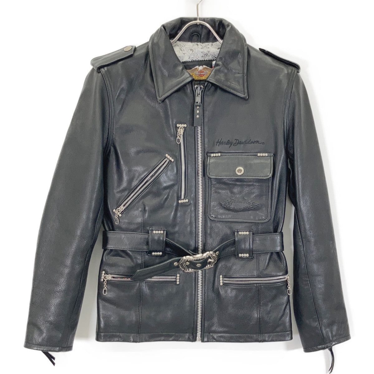 HARLEY DAVIDSON ハーレーダビッドソン 9406 ブラック スタッズ装飾 バックエンボスロゴ ベルテッドレザーライダースジャケット ジャケット