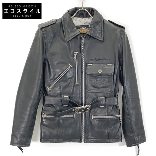 9406 Black Stud Embellished Back Embossed Logo Belted Leather Rider's Jacket Jacket SMALL Women's
