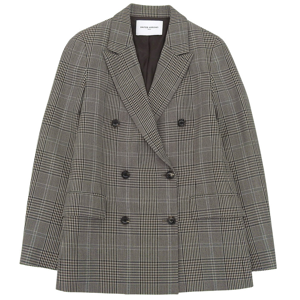 UNITED ARROWS ユナイテッドアローズ 美品 ウール グレンチェック ダブルブレスト テーラードジャケット 黒×茶系 36 1522-144-2840 ジャケット