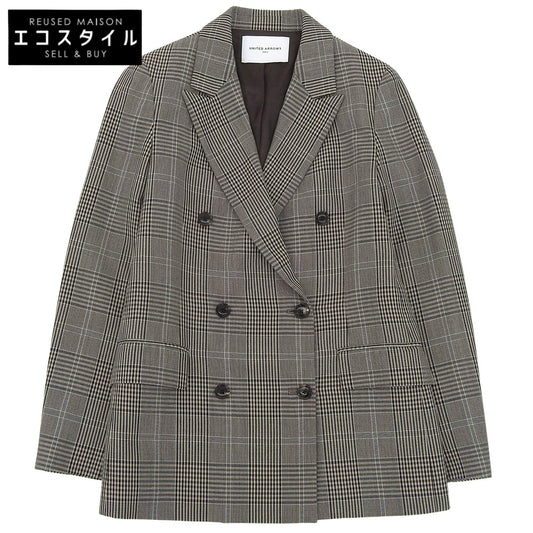 美品 ウール グレンチェック ダブルブレスト テーラードジャケット 黒×茶系 36 1522-144-2840 ジャケット 36 レディース