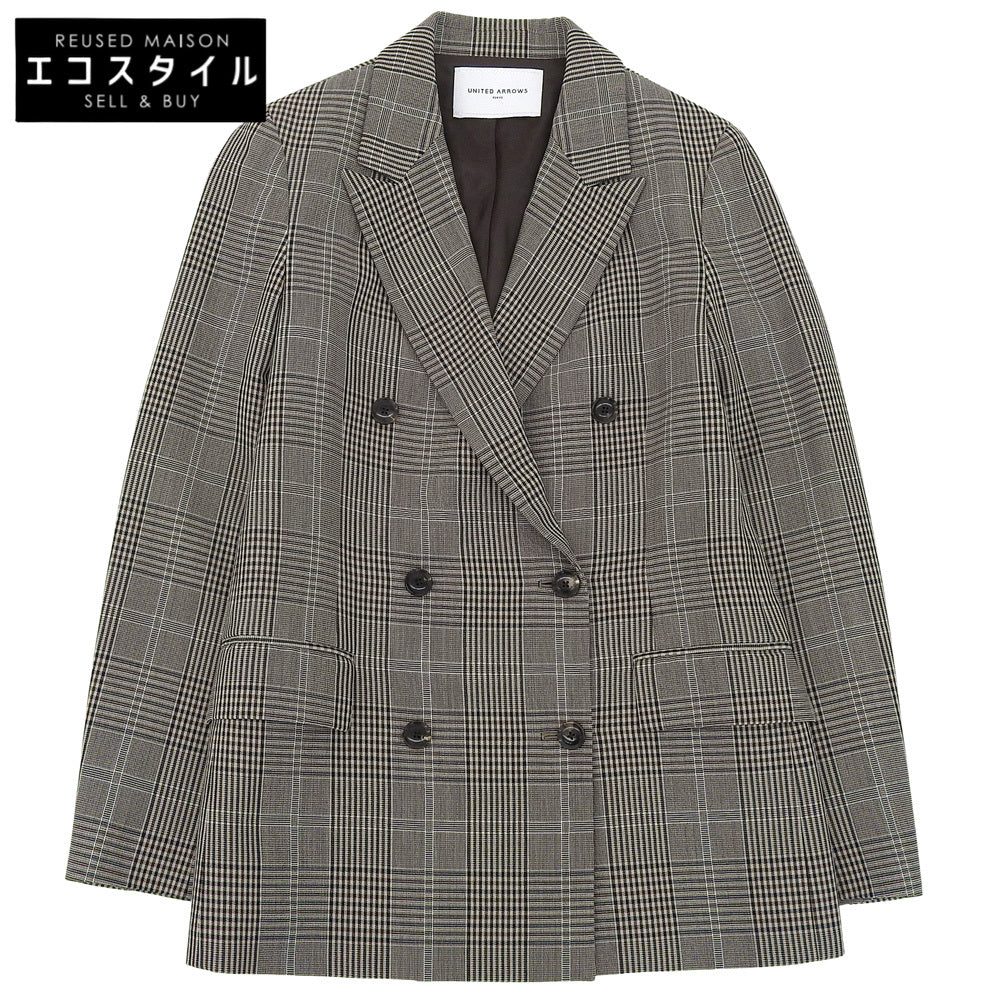 UNITED ARROWS ユナイテッドアローズ 美品 ウール グレンチェック ダブルブレスト テーラードジャケット 黒×茶系 36 1522-144-2840 ジャケット