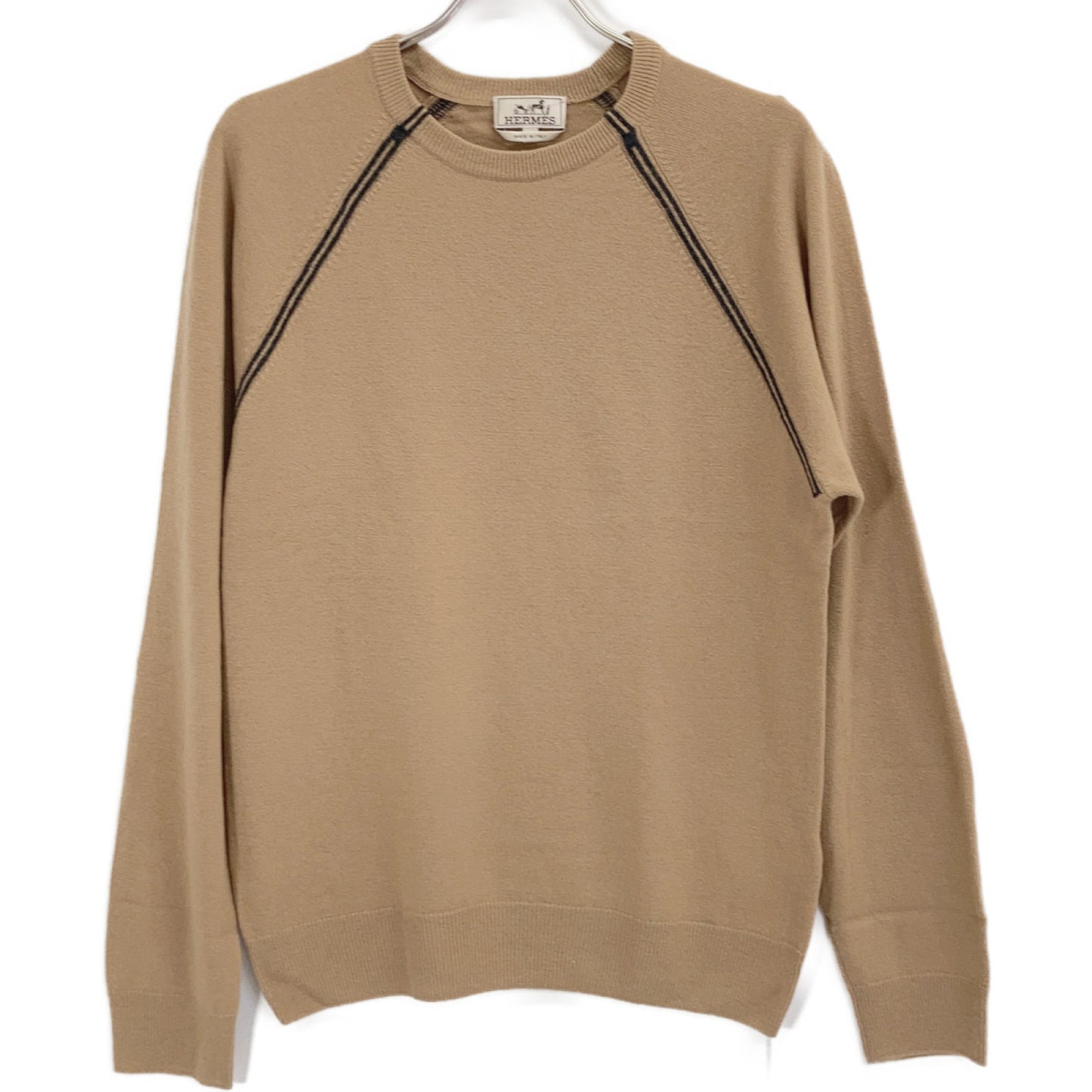 HERMES 02-5747 Beige Virgin Wool x Cashmere Crew Neck Long Sleeve Raglan Knit Pullover Top