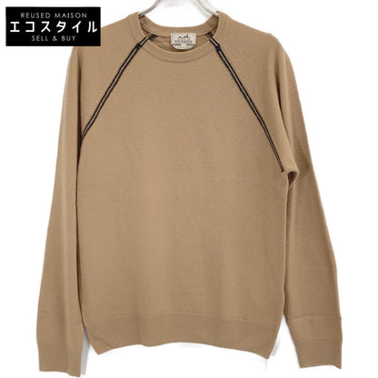 HERMES 02-5747 Beige Virgin Wool x Cashmere Crew Neck Long Sleeve Raglan Knit Pullover Top