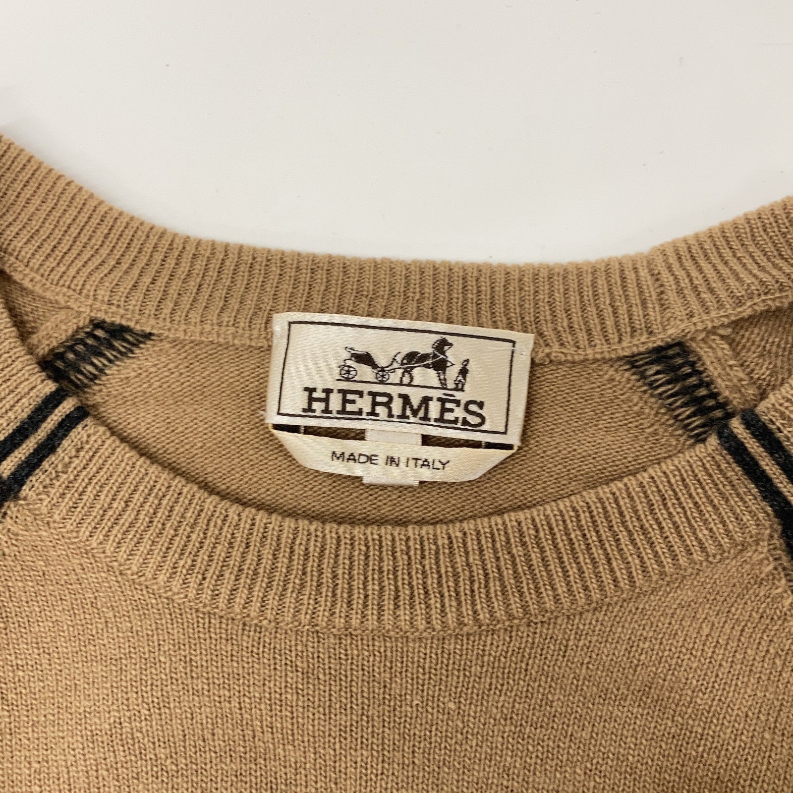 HERMES 02-5747 Beige Virgin Wool x Cashmere Crew Neck Long Sleeve Raglan Knit Pullover Top