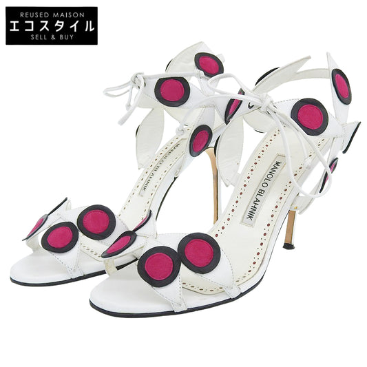 MANOLO BLAHNIK Nappa Leather Dotted Design Ankle Strap Heel Pumps White x Pink 37 MBOLE105 Shoes