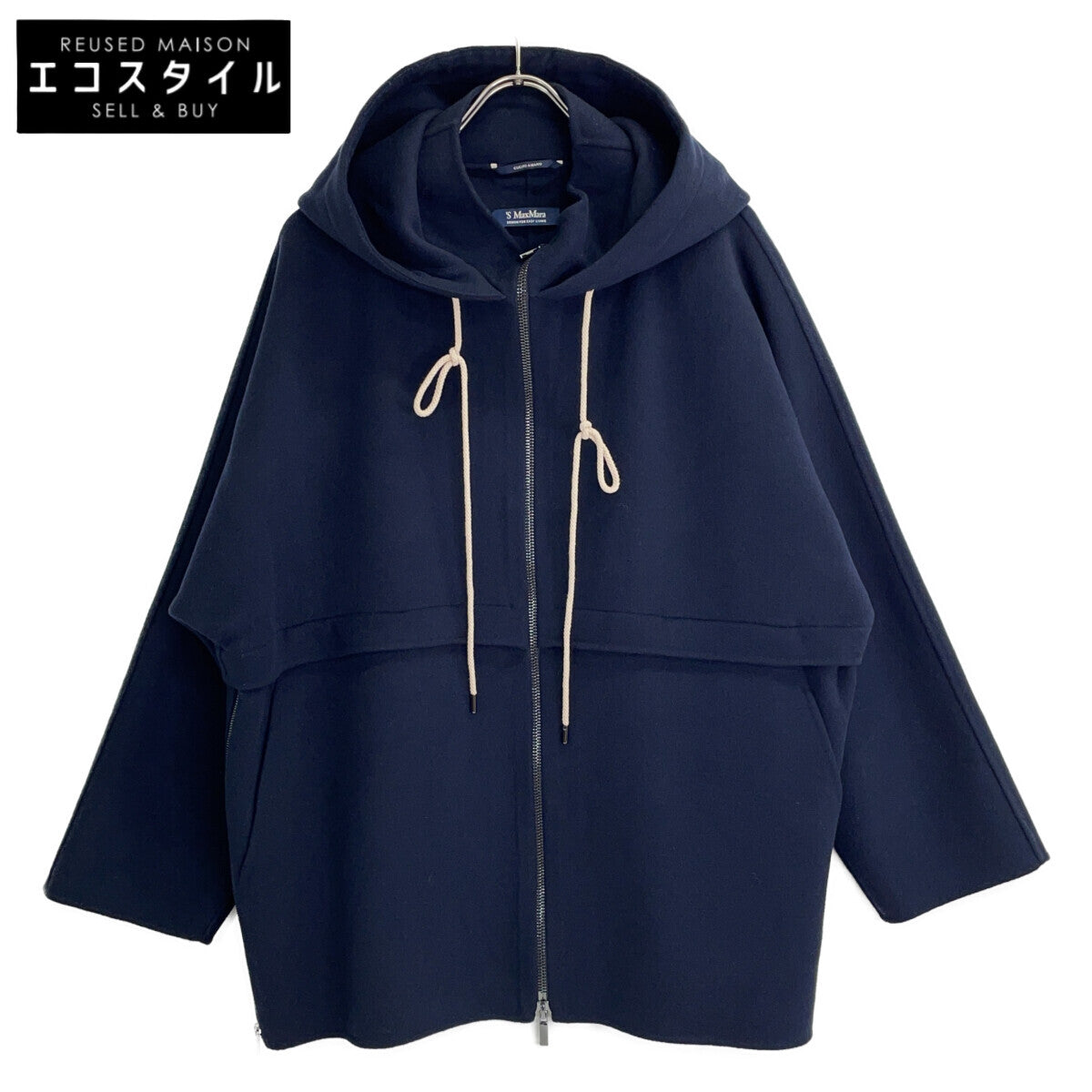 CUCITO AMANO 908102116 Navy Virgin Wool Drawstring W-ZIP Hooded Coat Jacket 36 Women's