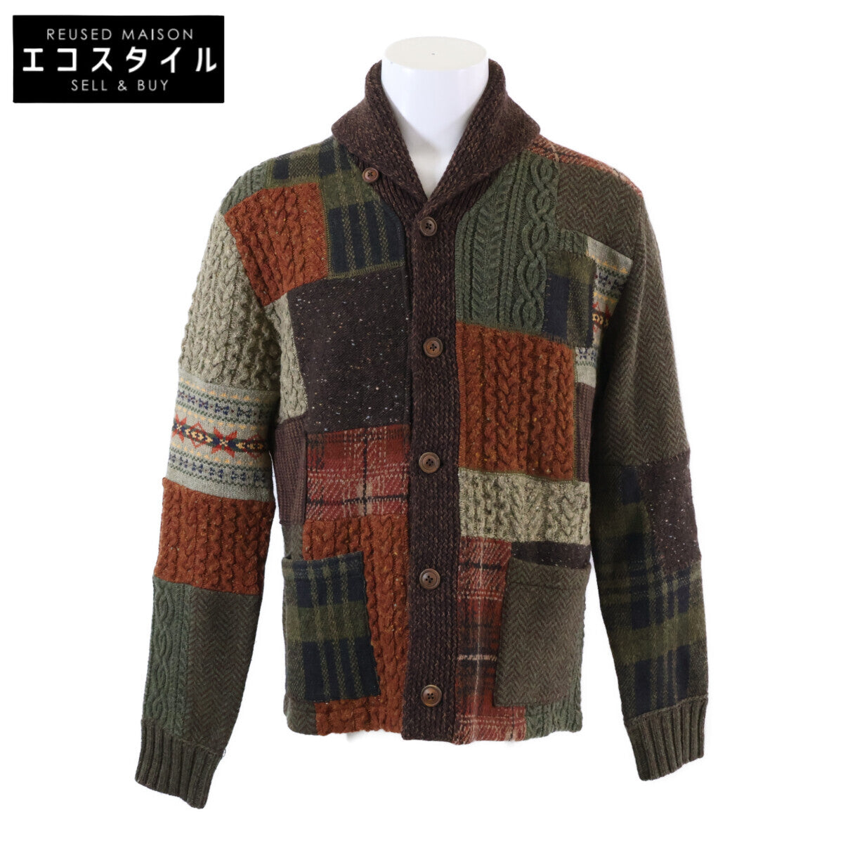 [Excellent Condition/Domestic Authentic] 782799908001 Wool Blend Shawl Collar Patchwork Knit Cardigan/Tops M Men's