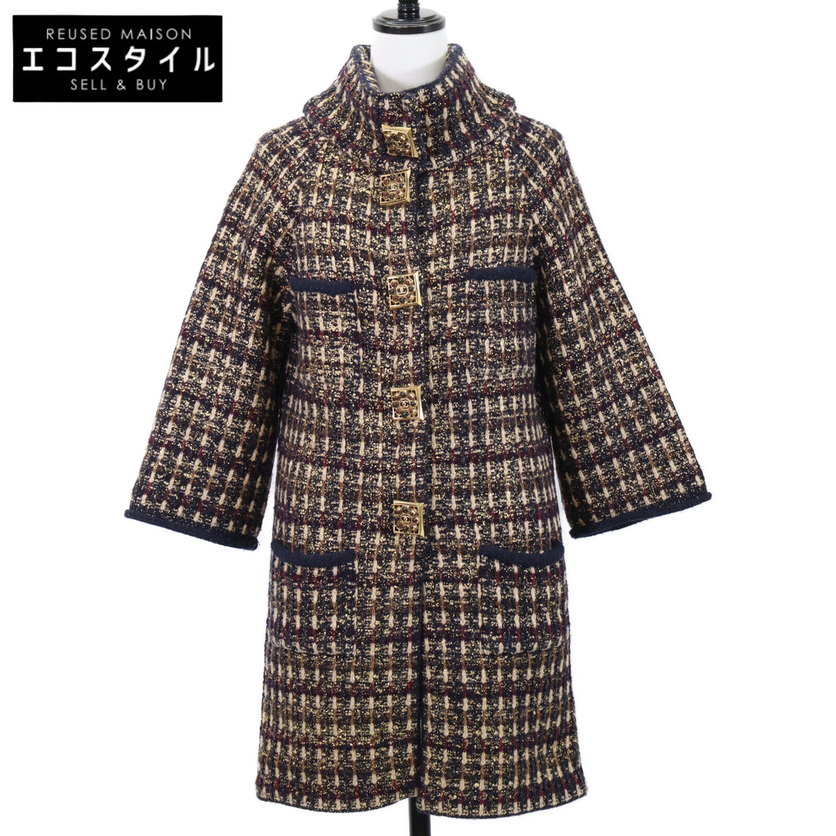 CHANEL Excellent Condition P41671K03112 Gray Metal Buttons Wool×Cashmere Knit Coat