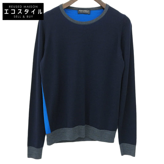 100% Wool Crew Neck Long Sleeve Knit Top for Women Navy x Blue M