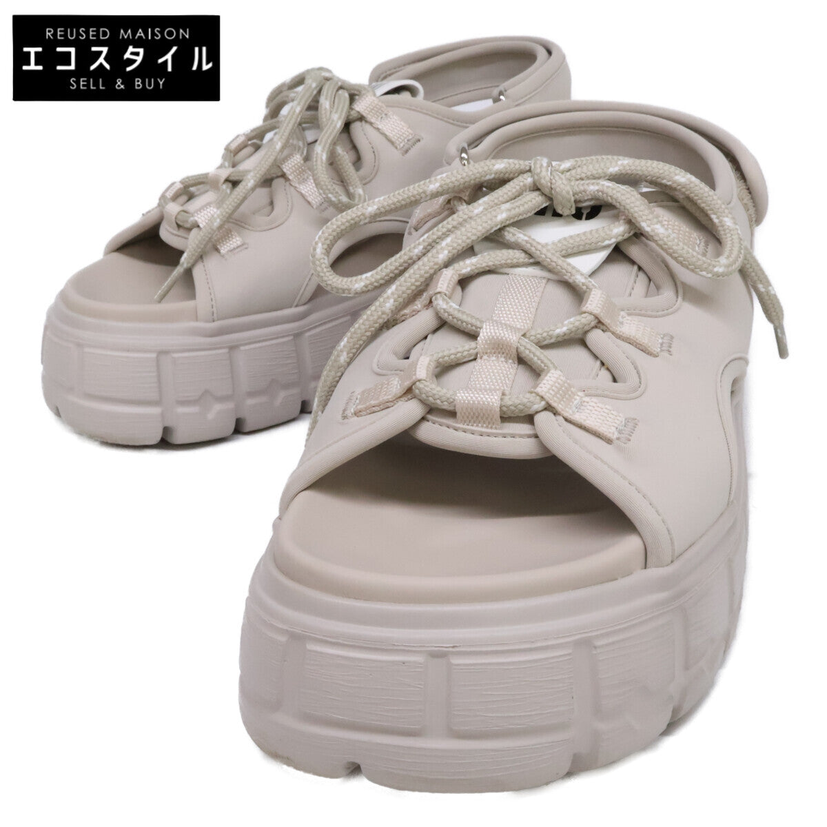 MIUMIU 缪缪 精品 25SS 5X418E 浅米色 EVA鞋底 系带 厚底氯丁橡胶凉鞋