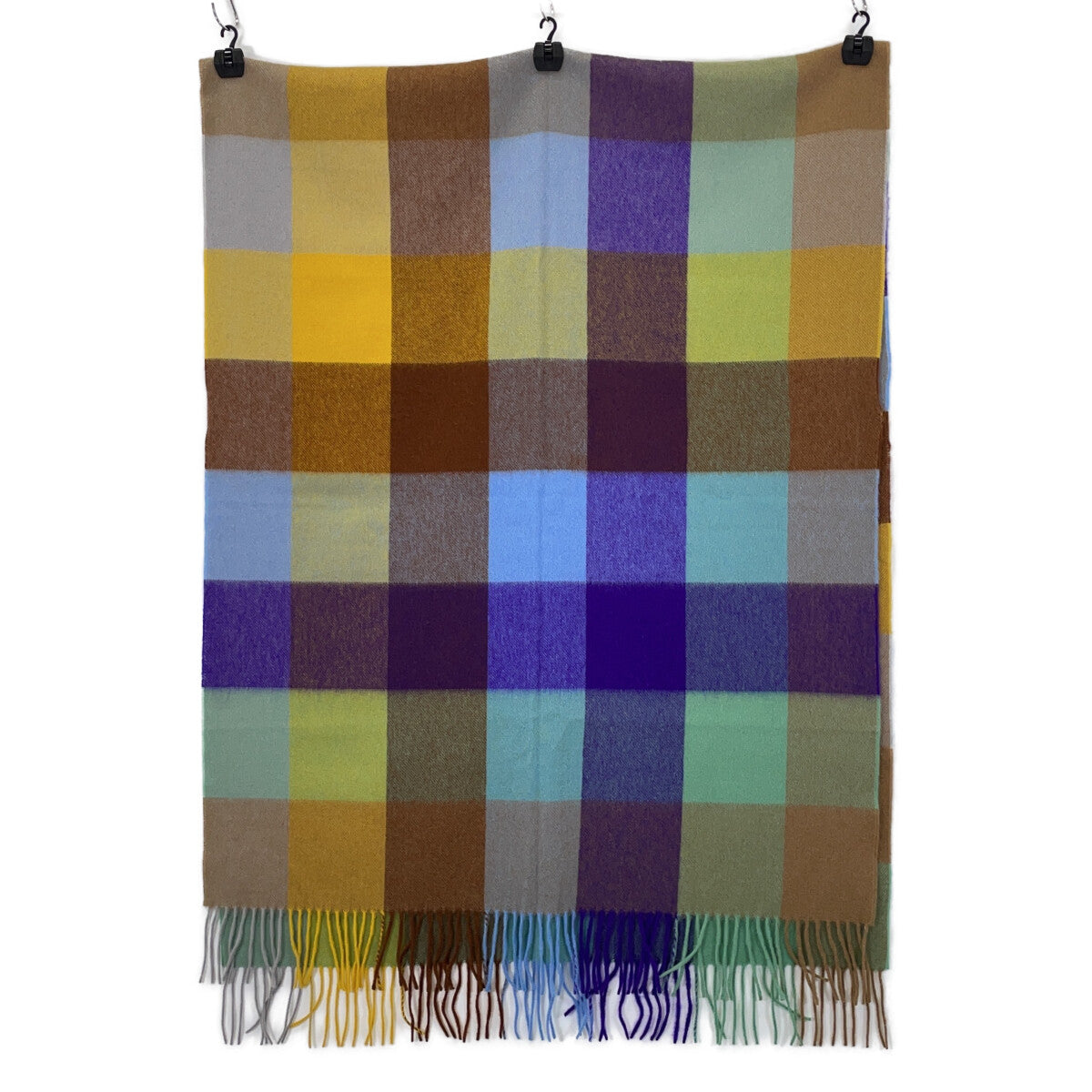 [Excellent Condition/Domestic Authentic] 1110231 Block Check 100% Cashmere Fringed Large Stole for Women