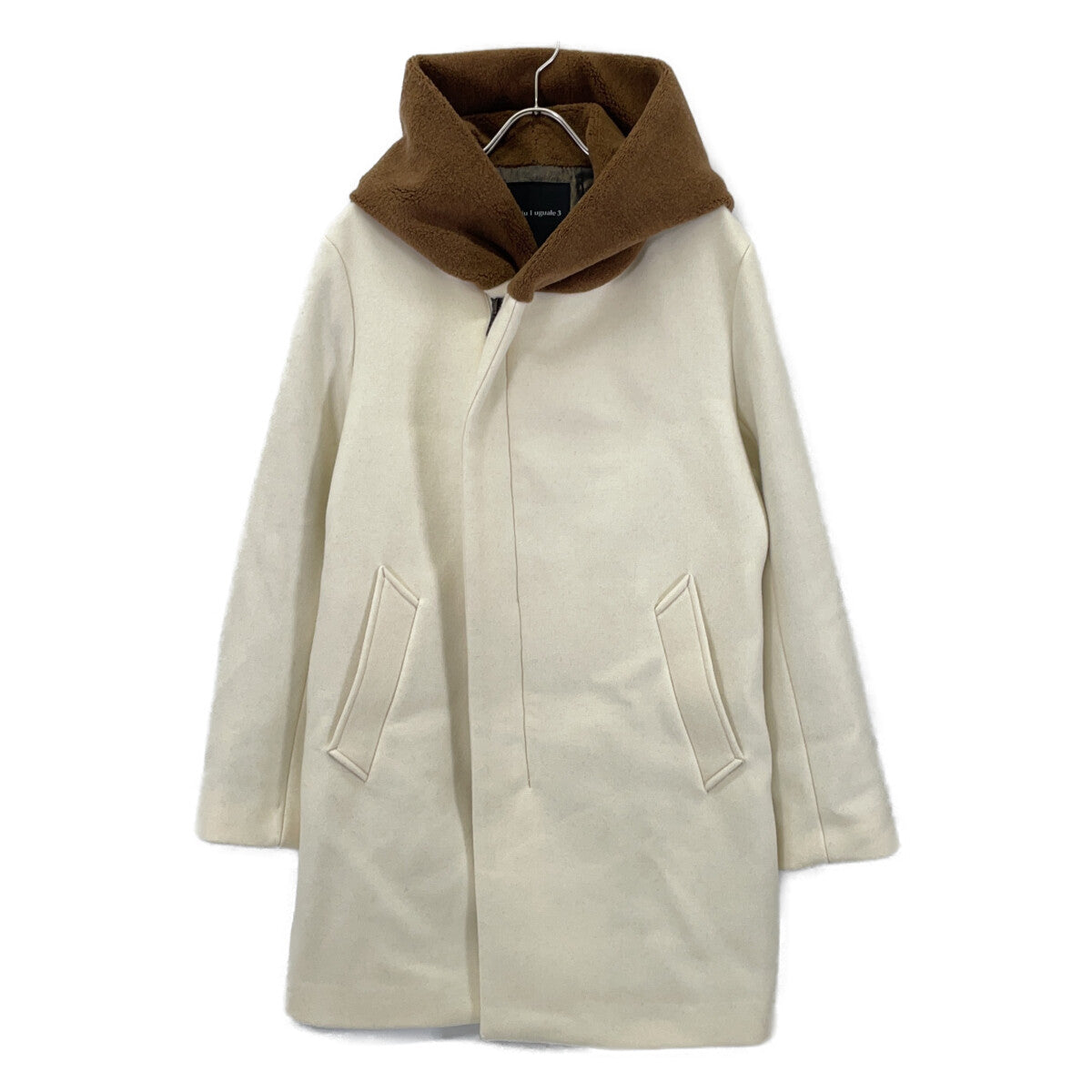 1piu1uguale3 ウノピゥウノウグァーレトレ MRC157-WOL157 ﾍﾞｰｼﾞｭ×ｷｬﾒﾙ WRAP HOODED ｳｰﾙﾎﾞｱﾌｰﾄﾞ切替ｺｰﾄ コート V