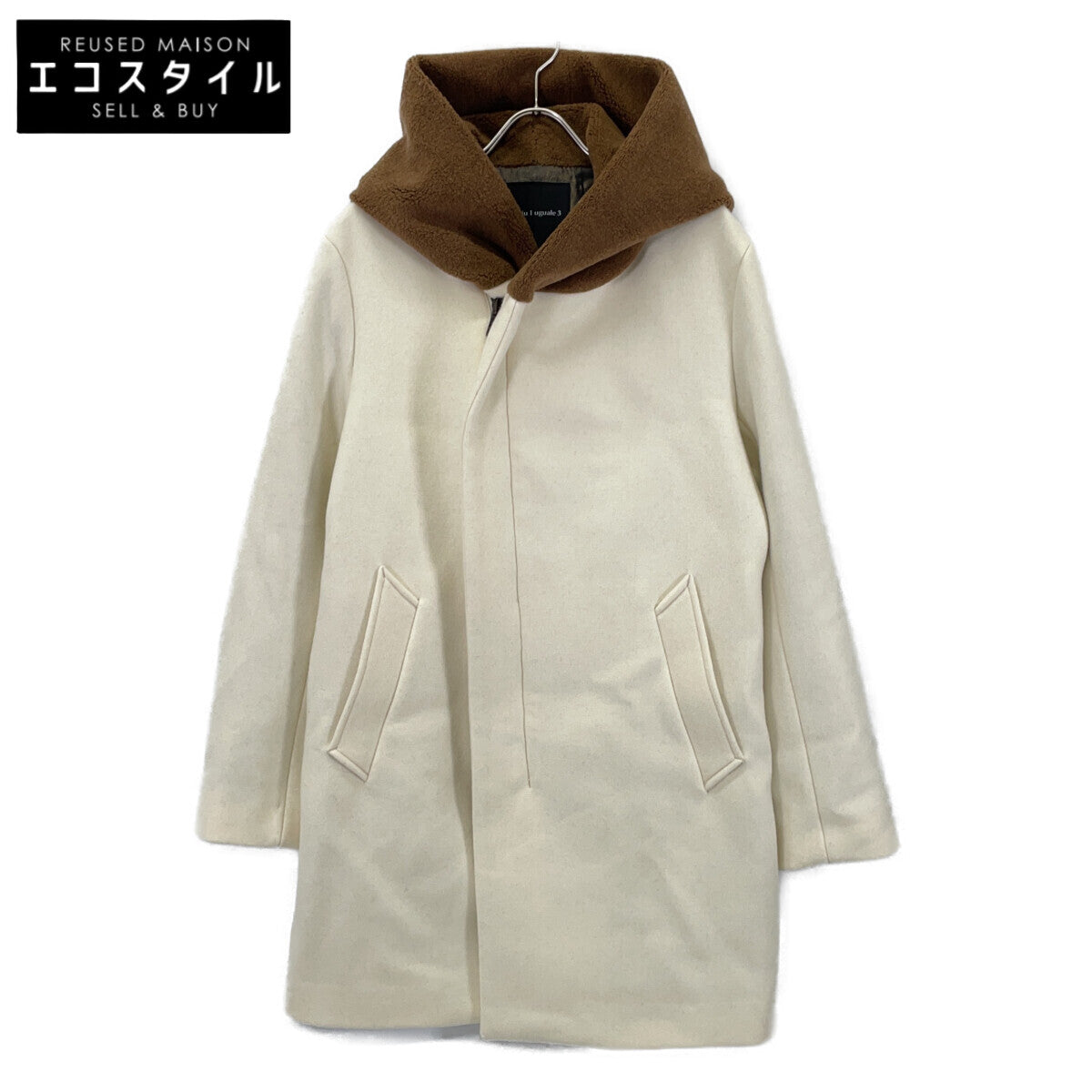 1piu1uguale3 Uno Piu Uno Uguale Tre MRC157-WOL157 Beige x Camel WRAP HOODED Wool Boa Hood Switching Coat