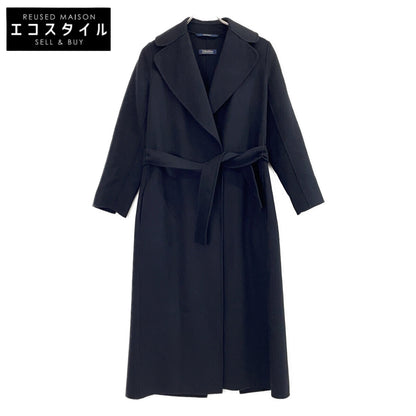 S MaxMara 901609936 Quoto A Mano Black Virgin Wool Double Face Belted Long Coat