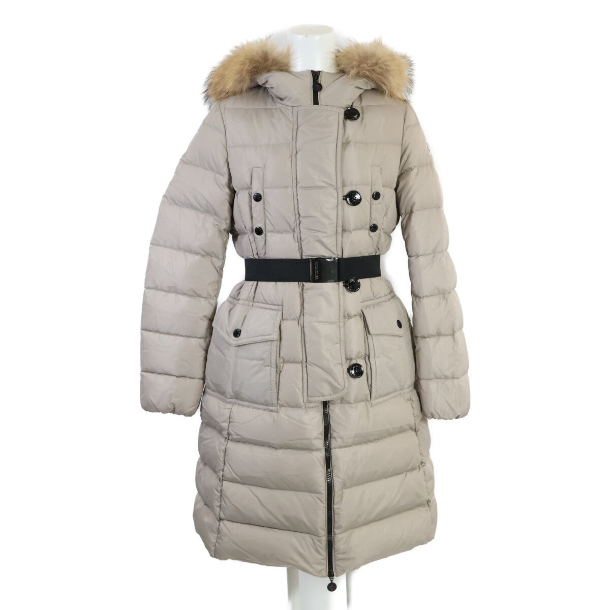 【美品】GENEVRIER 珍妮芙 带腰带/毛边兜帽长款羽绒服 O 女士