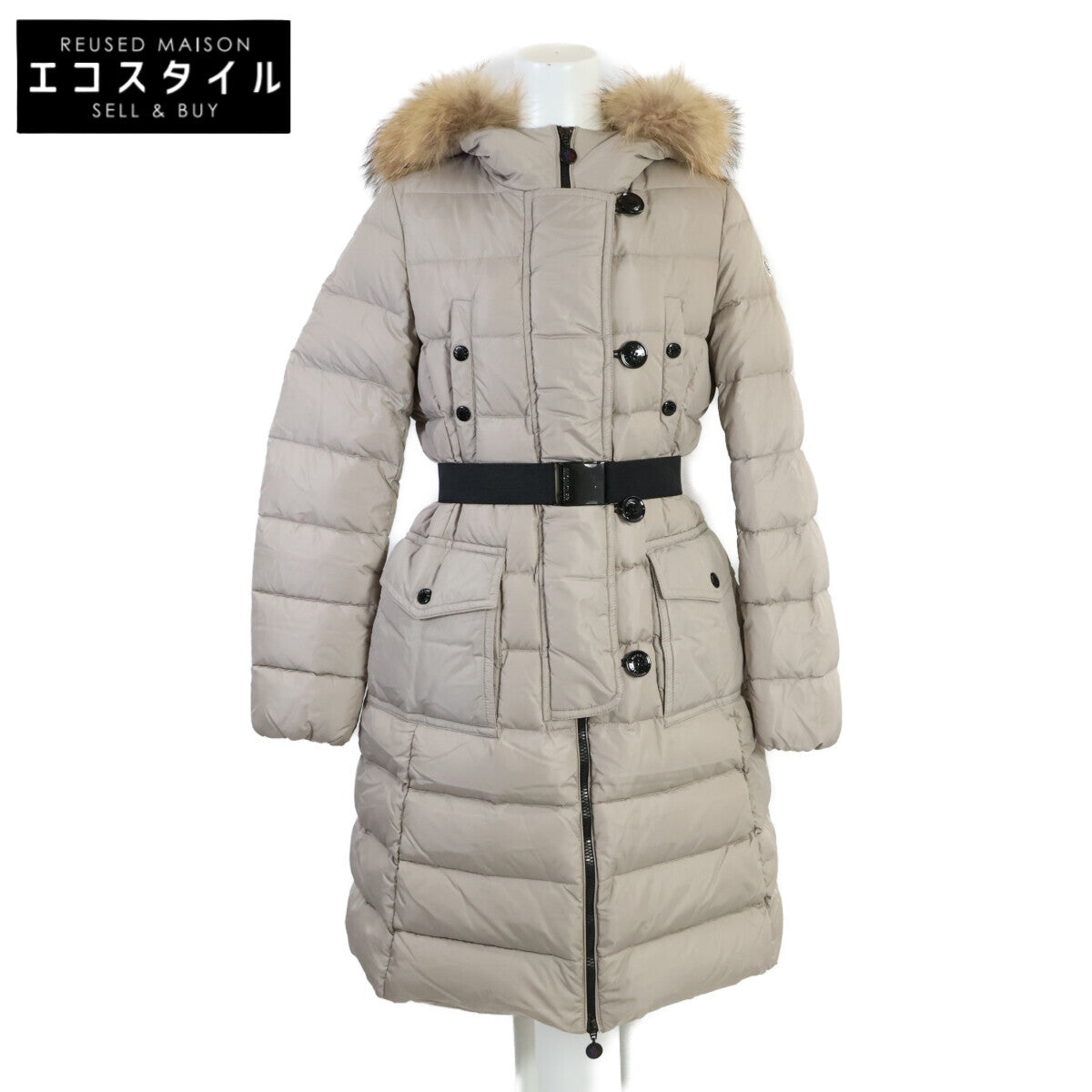 【美品】GENEVRIER 珍妮芙 带腰带/毛边兜帽长款羽绒服 O 女士