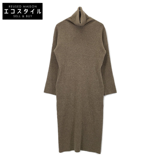 20-040-500-7010 Brown Wool Turtleneck Long Sleeve Ribbed Knit One-piece Dress Unmarked Ladies'
