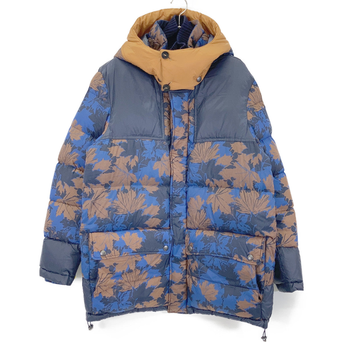 ETRO エトロ 192-1S285-5518 ブルー×ブラウン ナイロン メープルリーフプリント フーデッドダウンジャケット ジャケット