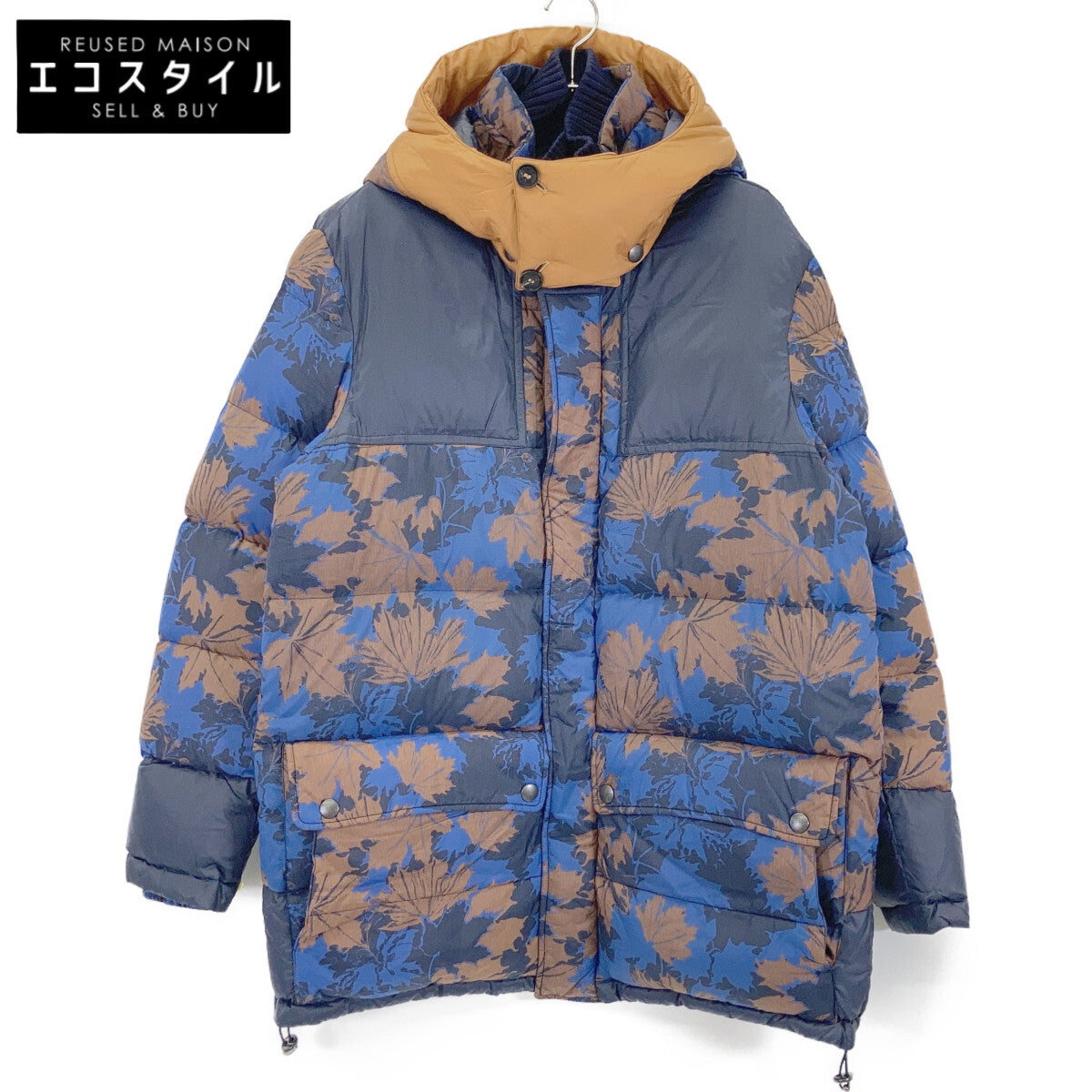ETRO エトロ 192-1S285-5518 ブルー×ブラウン ナイロン メープルリーフプリント フーデッドダウンジャケット ジャケット