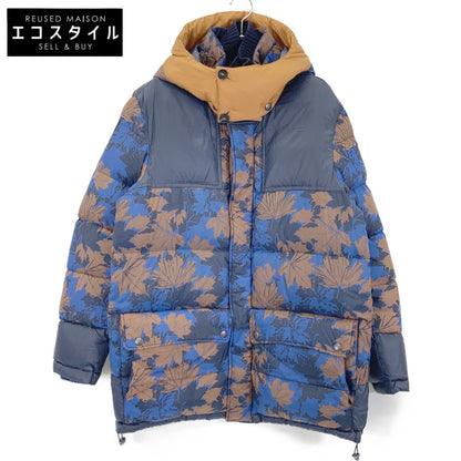 ETRO エトロ 192-1S285-5518 ブルー×ブラウン ナイロン メープルリーフプリント フーデッドダウンジャケット ジャケット