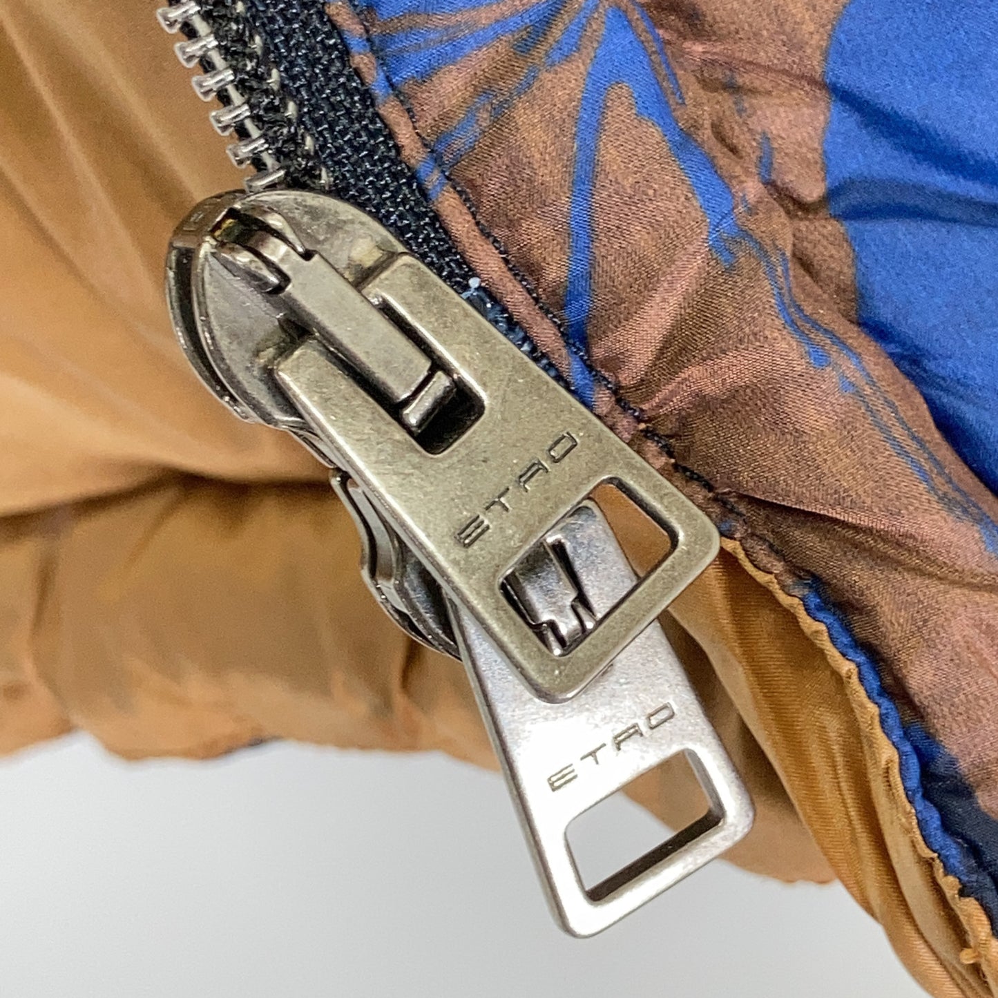 ETRO エトロ 192-1S285-5518 ブルー×ブラウン ナイロン メープルリーフプリント フーデッドダウンジャケット ジャケット