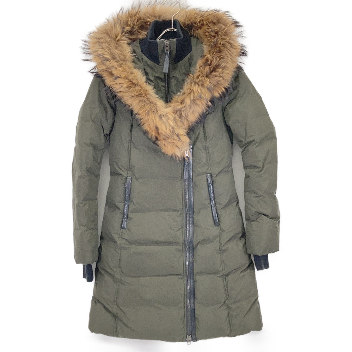 Mackage マッカージュ ADALI カーキ レザーパイピング フリースポケット ラクーンファーフーデッドダウンコート コート