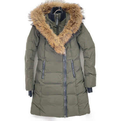 Mackage マッカージュ ADALI カーキ レザーパイピング フリースポケット ラクーンファーフーデッドダウンコート コート