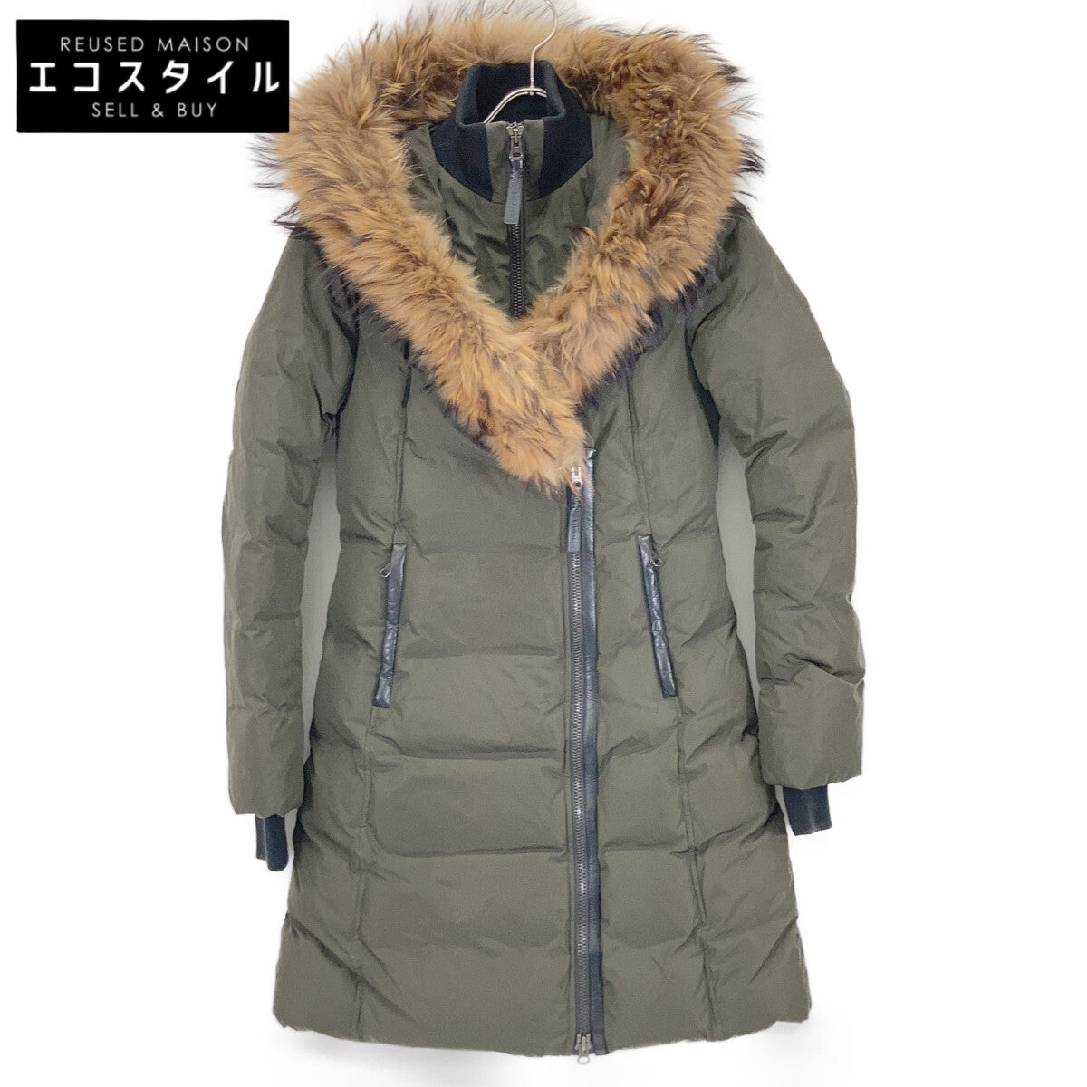 Mackage マッカージュ ADALI カーキ レザーパイピング フリースポケット ラクーンファーフーデッドダウンコート コート