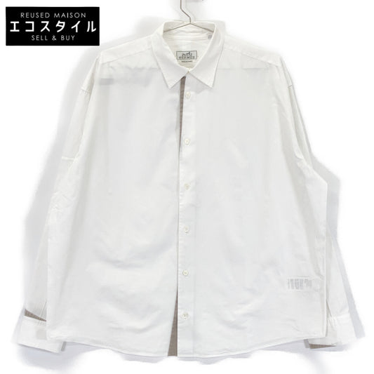 HERMES 21AW 12-5607 White x Gray Cotton Sellier Cufflinks Regular Collar Oversized Shirt Top