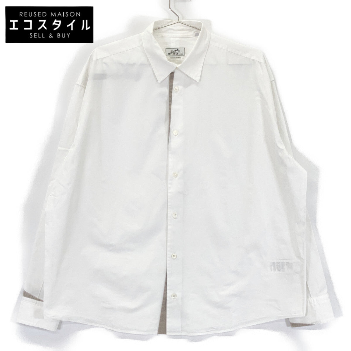 HERMES エルメス 21AW 12-5607 ホワイト×グレー コットン セリエカフスボタン レギュラーカラーオーバーサイズシャツ」 トップス