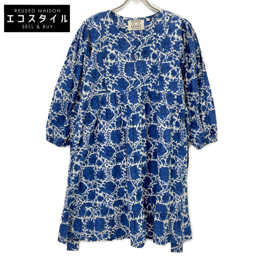SZ Blockprints Blue Rose Design Puff-Sleeve Dress