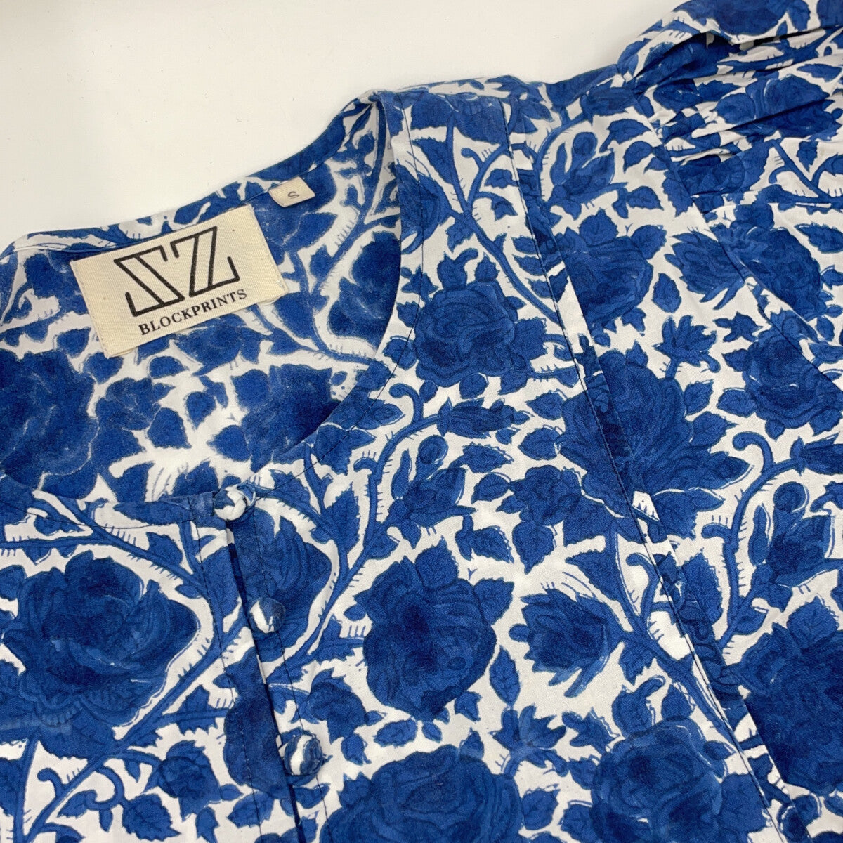 SZ Blockprints エスゼット ブロックプリント ブルー ローズデザイン パフスリーブ ワンピース ワンピース