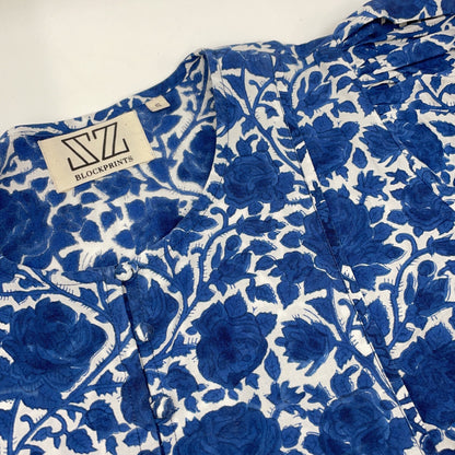 SZ Blockprints エスゼット ブロックプリント ブルー ローズデザイン パフスリーブ ワンピース ワンピース
