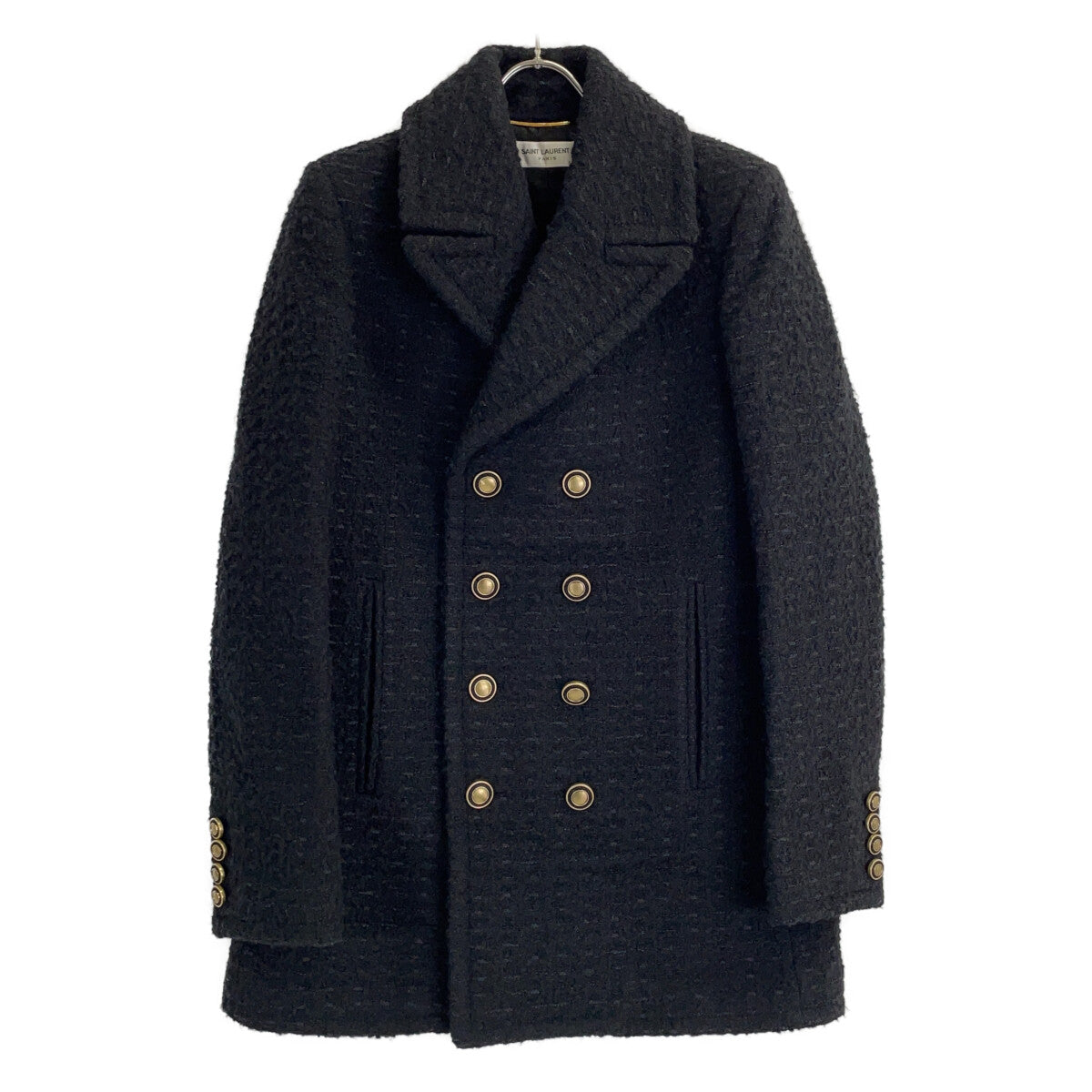 SAINT LAURENT PARIS サンローランパリ 581137 Y7D30 ブラック ウール ツイード ダブルブレスト ピーコート コート