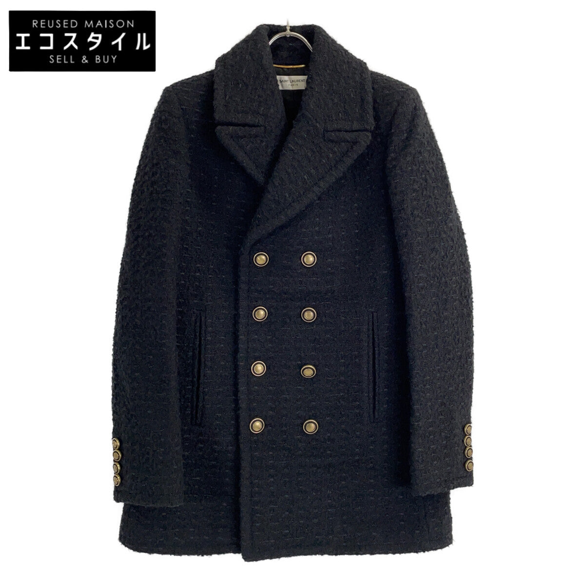 SAINT LAURENT PARIS サンローランパリ 581137 Y7D30 ブラック ウール ツイード ダブルブレスト ピーコート コート
