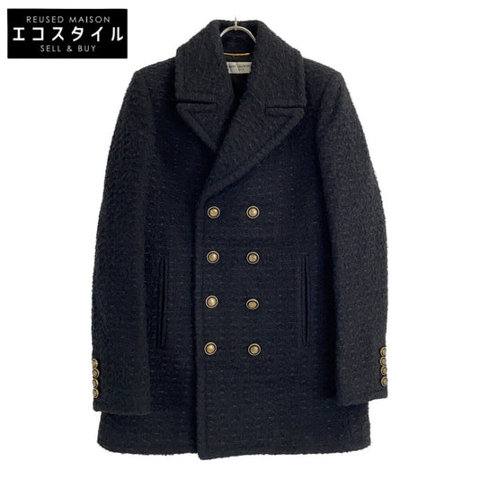 SAINT LAURENT PARIS サンローランパリ 581137 Y7D30 ブラック ウール ツイード ダブルブレスト ピーコート コート