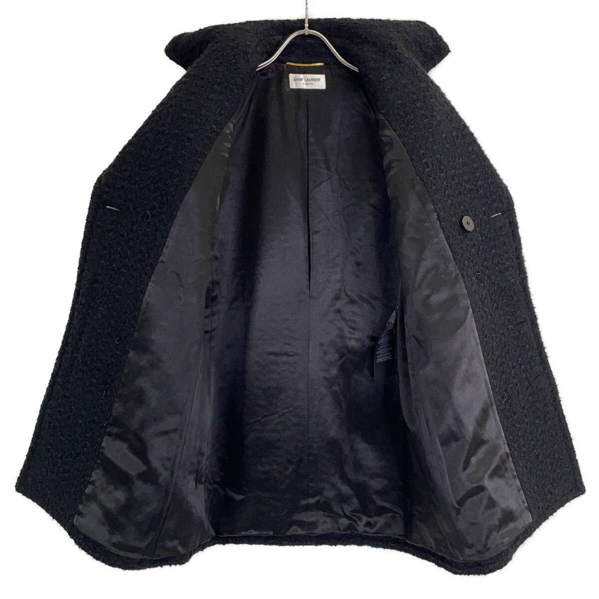 SAINT LAURENT PARIS サンローランパリ 581137 Y7D30 ブラック ウール ツイード ダブルブレスト ピーコート コート