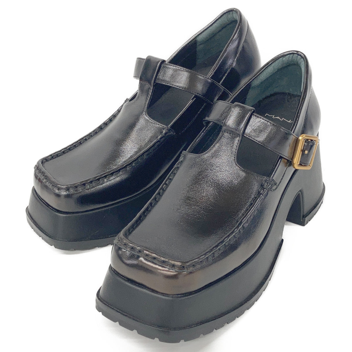 521143 Black Leather T-Strap Platform Shoes 40 Women's