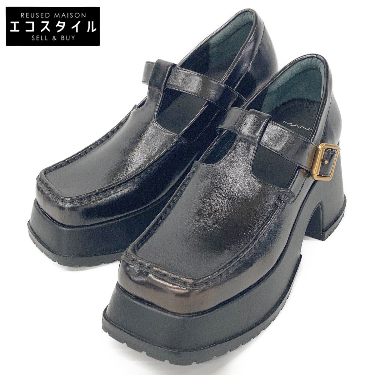 521143 Black Leather T-Strap Platform Shoes 40 Women's
