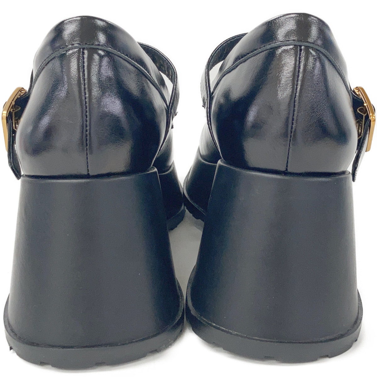 521143 Black Leather T-Strap Platform Shoes 40 Women's